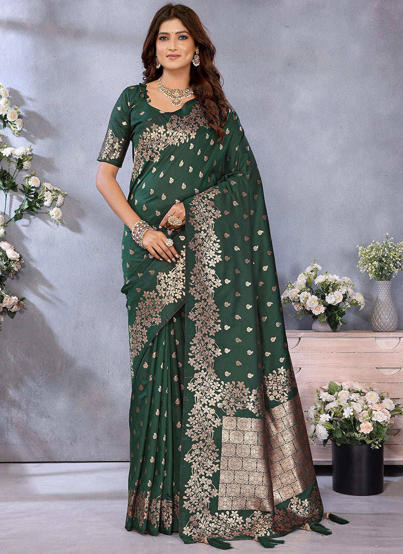 Banarasi Silk Dark Green Saree with Zari Weaving Work for Wedding Wear 382936
