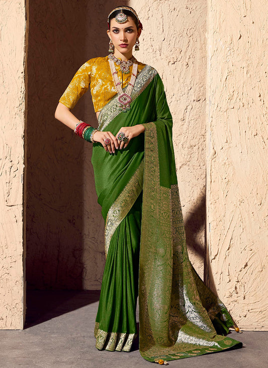 Crepe Georgette Dark Green Party Wear Weaving Work Saree 386526