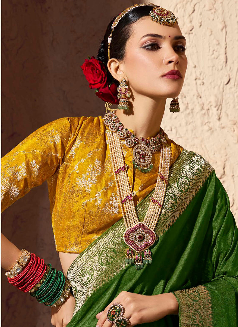 Crepe Georgette Dark Green Party Wear Weaving Work Saree 386526