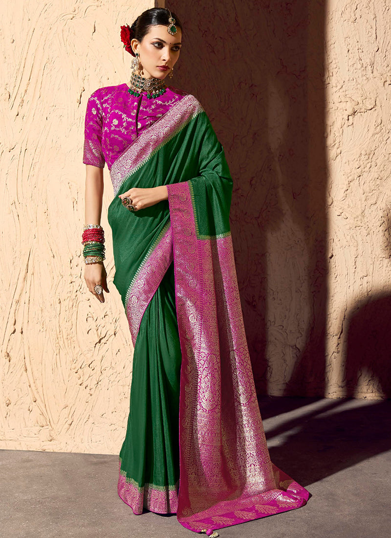 Crepe Georgette Dark Green Party Wear Weaving Work Saree 386534