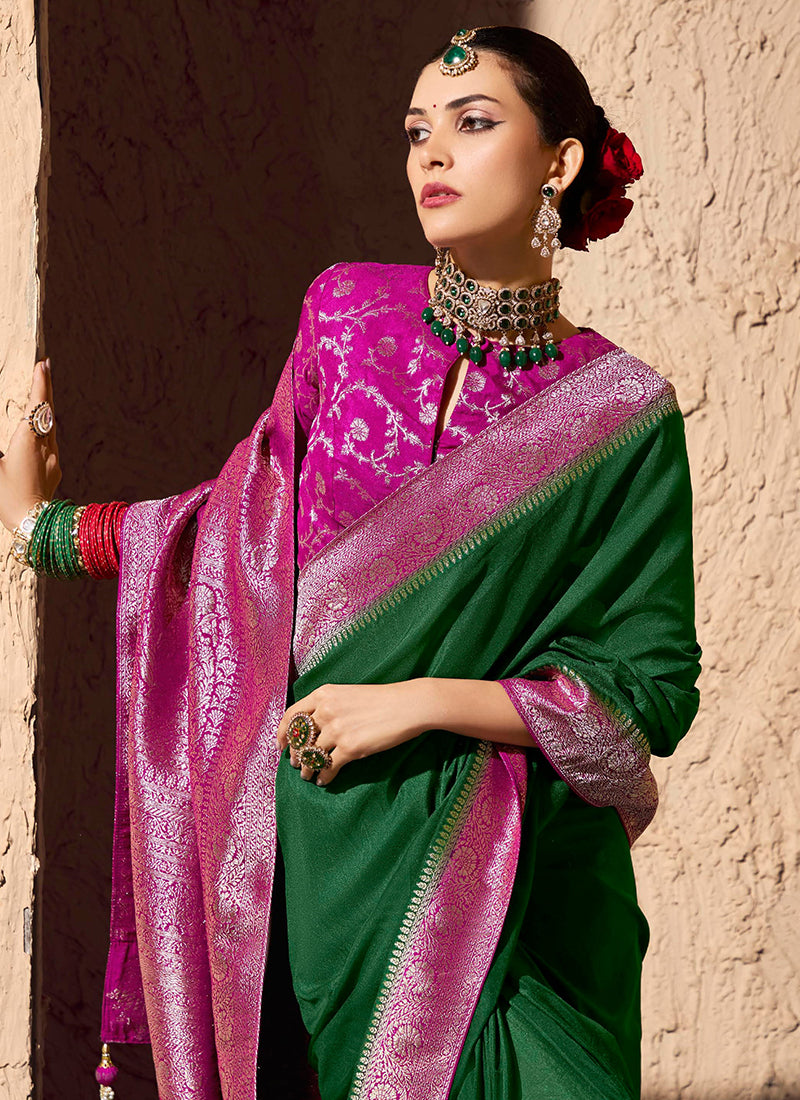 Crepe Georgette Dark Green Party Wear Weaving Work Saree 386534