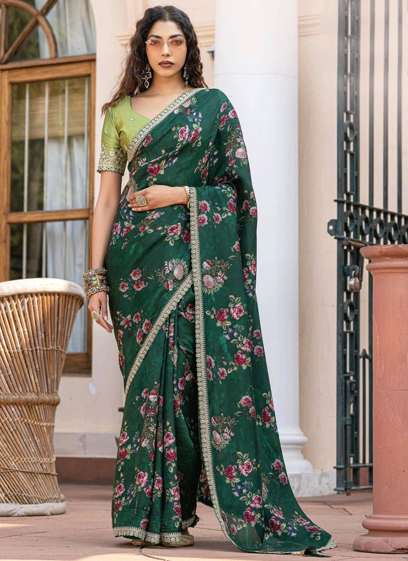 Dola Silk Dark Green Saree with Floral Print for Party Wear 381976