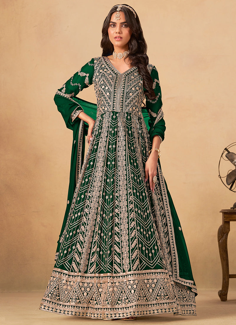 Faux Georgette Dark Green Wedding Wear Zardozi Work Anarkali Gown 386502