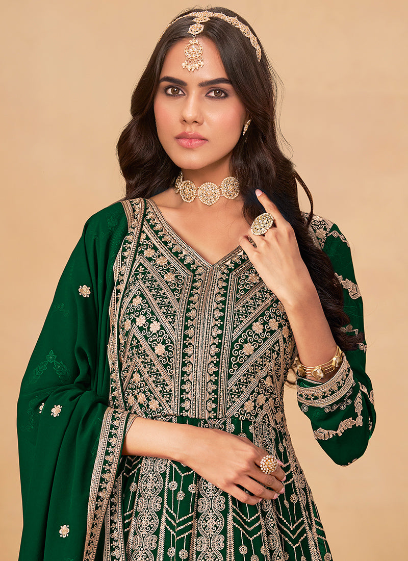 Faux Georgette Dark Green Wedding Wear Zardozi Work Anarkali Gown 386502
