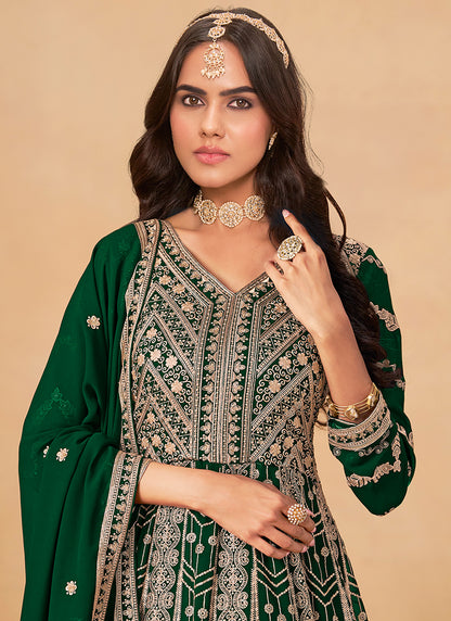 Faux Georgette Dark Green Wedding Wear Zardozi Work Anarkali Gown 386502