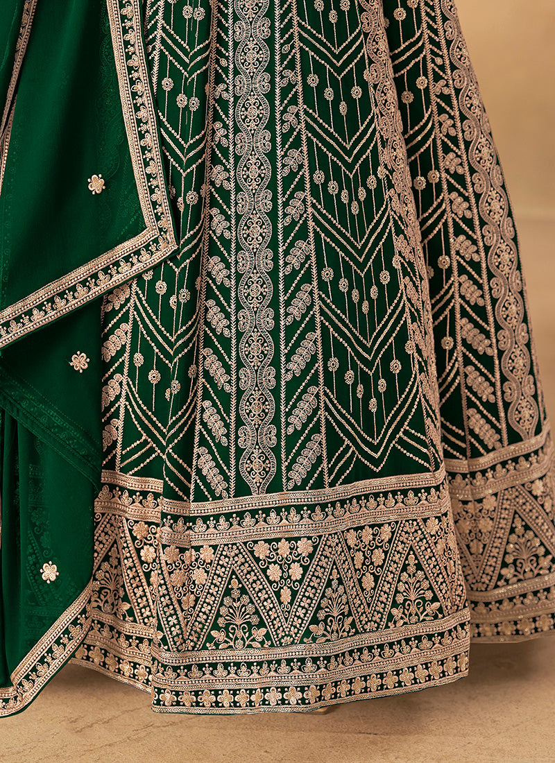 Faux Georgette Dark Green Wedding Wear Zardozi Work Anarkali Gown 386502