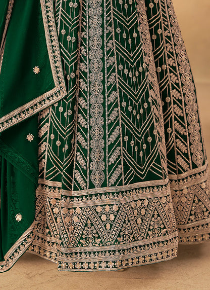 Faux Georgette Dark Green Wedding Wear Zardozi Work Anarkali Gown 386502