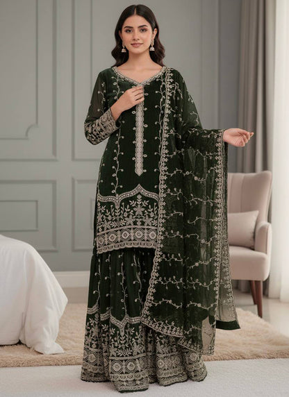 Dark Green Fendi Silk Sequins Work Eid Wear Readymade Sharara Suit SW357509