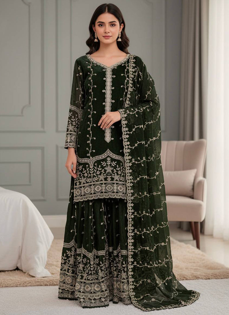 Dark Green Fendi Silk Sequins Work Eid Wear Readymade Sharara Suit SW357509