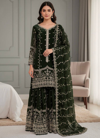 Dark Green Fendi Silk Sequins Work Eid Wear Readymade Sharara Suit SW357509