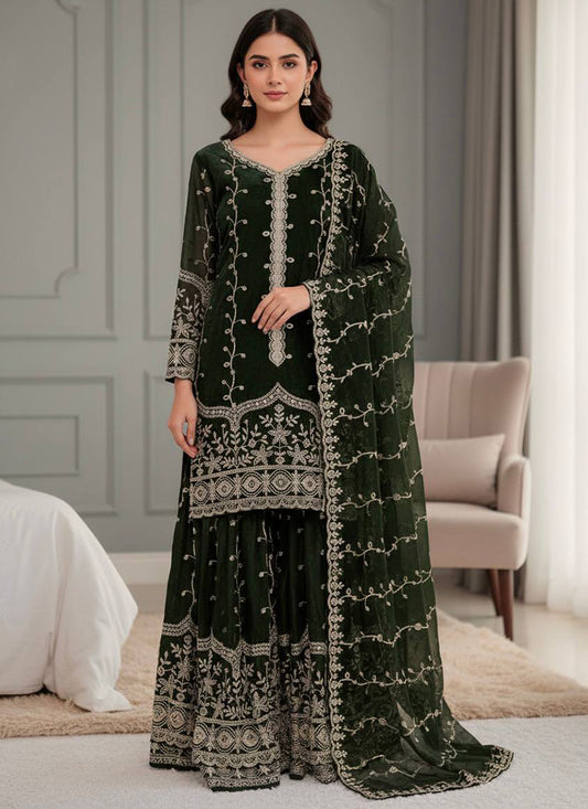 Dark Green Fendi Silk Sequins Work Eid Wear Readymade Sharara Suit SW357509