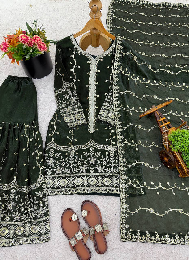 Dark Green Fendi Silk Sequins Work Eid Wear Readymade Sharara Suit SW357509