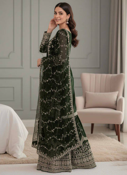 Dark Green Fendi Silk Sequins Work Eid Wear Readymade Sharara Suit SW357509