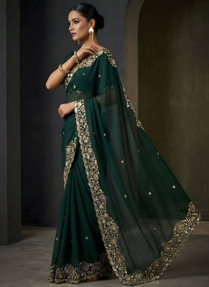 Dark Green Fendy Satin Silk Zari Embroidery Work Wedding Wear Wedding Saree SW625813