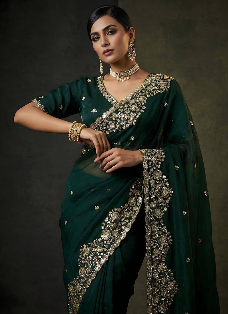 Dark Green Fendy Satin Silk Zari Embroidery Work Wedding Wear Wedding Saree SW625813