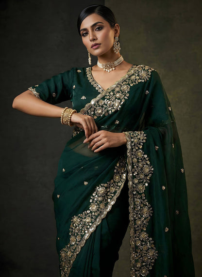 Dark Green Fendy Satin Silk Zari Embroidery Work Wedding Wear Wedding Saree SW625813