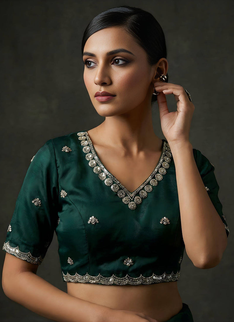 Dark Green Fendy Satin Silk Zari Embroidery Work Wedding Wear Wedding Saree SW625813