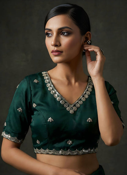 Dark Green Fendy Satin Silk Zari Embroidery Work Wedding Wear Wedding Saree SW625813