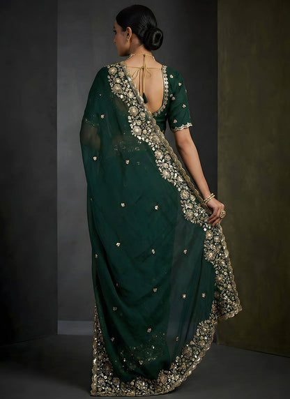 Dark Green Fendy Satin Silk Zari Embroidery Work Wedding Wear Wedding Saree SW625813