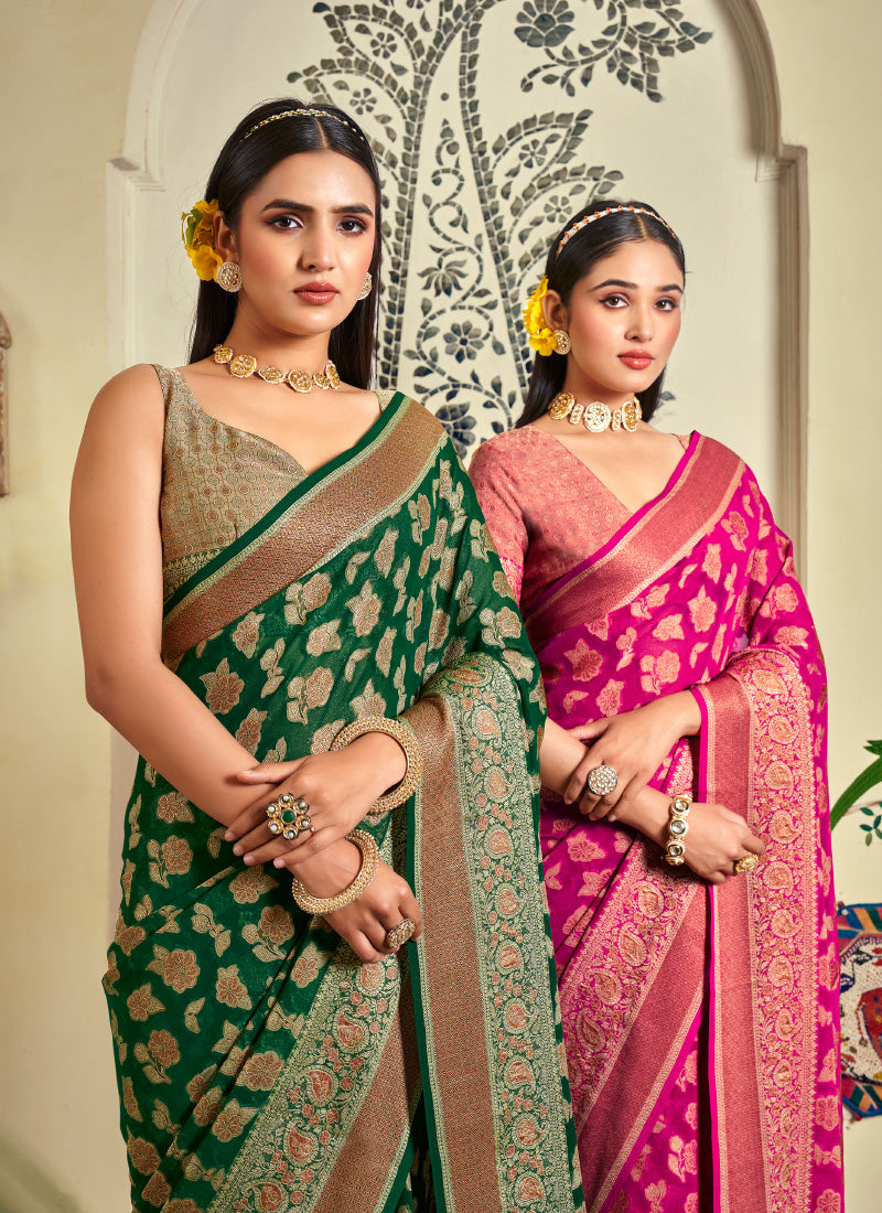 Georgette Dark Green Festival Wear Weaving Work Saree 385987