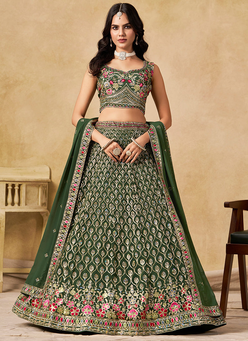 Georgette Dark Green Wedding Wear Thread Embroidery Work Lehenga Choli 387517