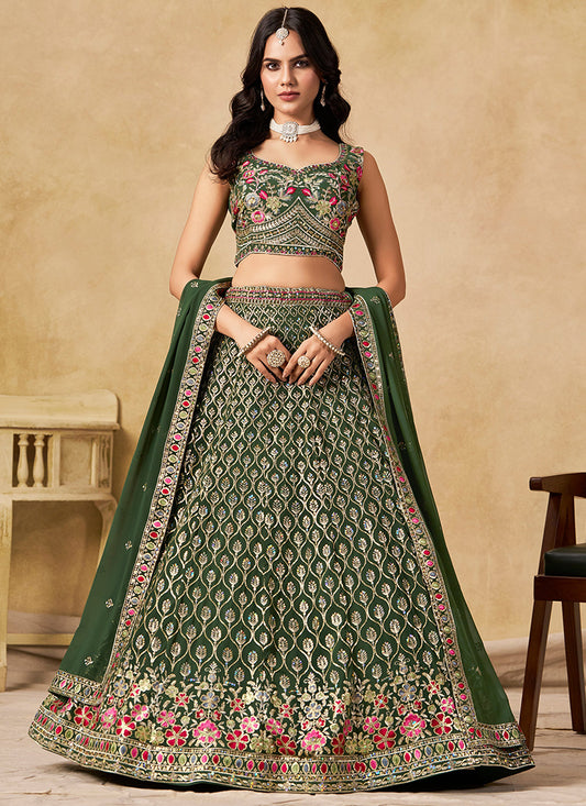 Georgette Dark Green Wedding Wear Thread Embroidery Work Lehenga Choli 387517