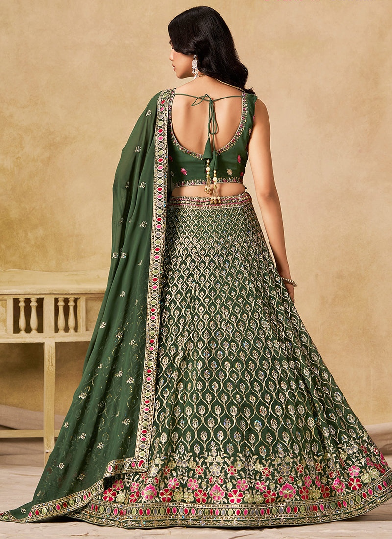 Georgette Dark Green Wedding Wear Thread Embroidery Work Lehenga Choli 387517