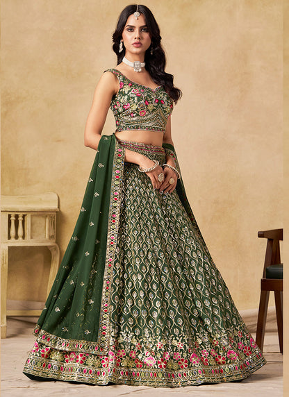 Georgette Dark Green Wedding Wear Thread Embroidery Work Lehenga Choli 387517