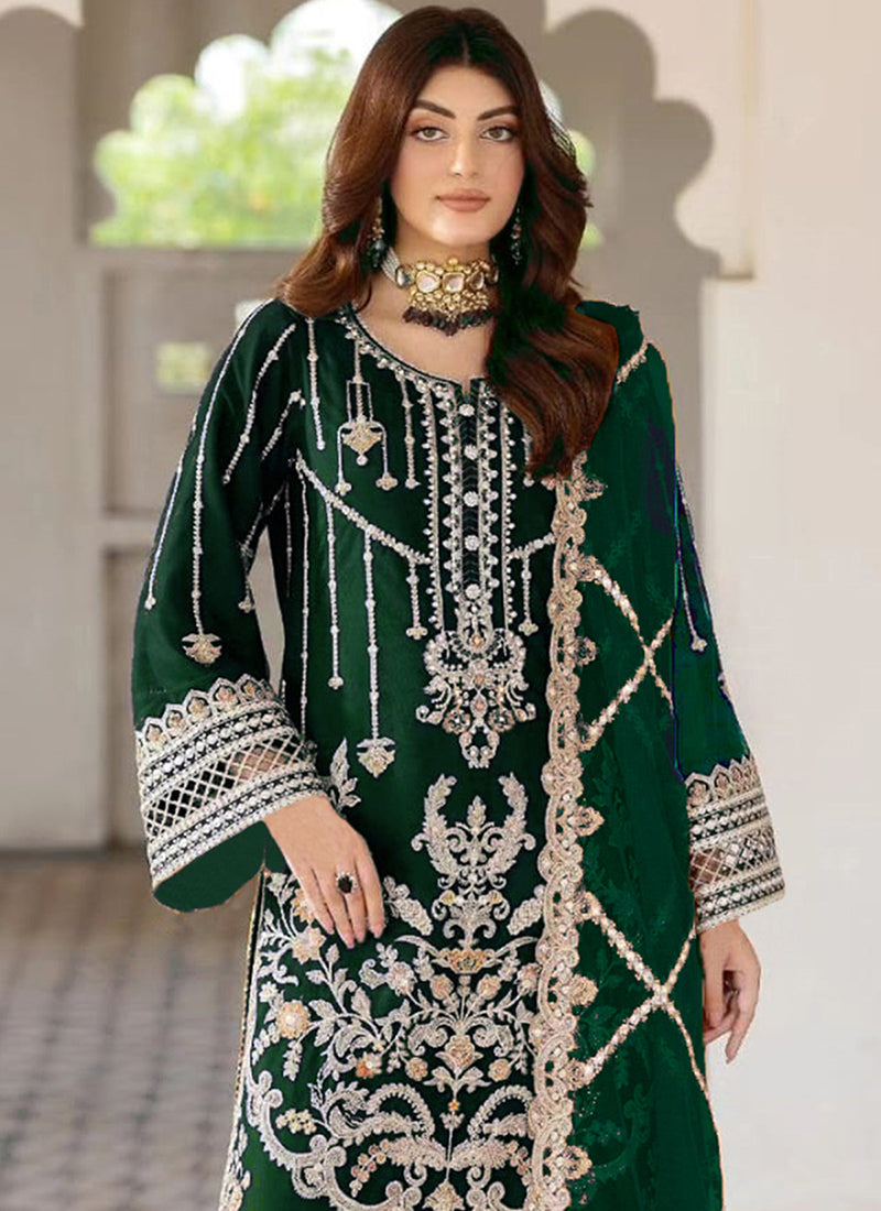 Heavy Velvet Dark Green Eid Wear Heavy Work Pakistani Suit 387296