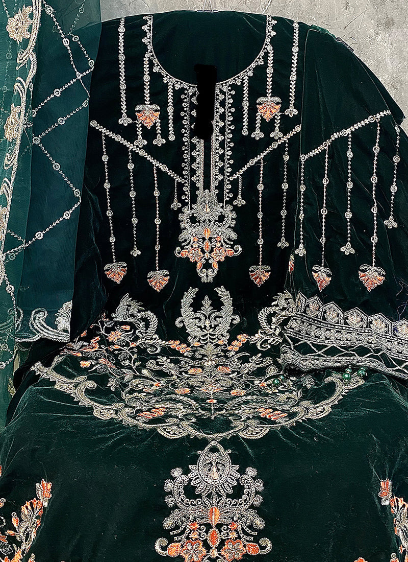 Heavy Velvet Dark Green Eid Wear Heavy Work Pakistani Suit 387296
