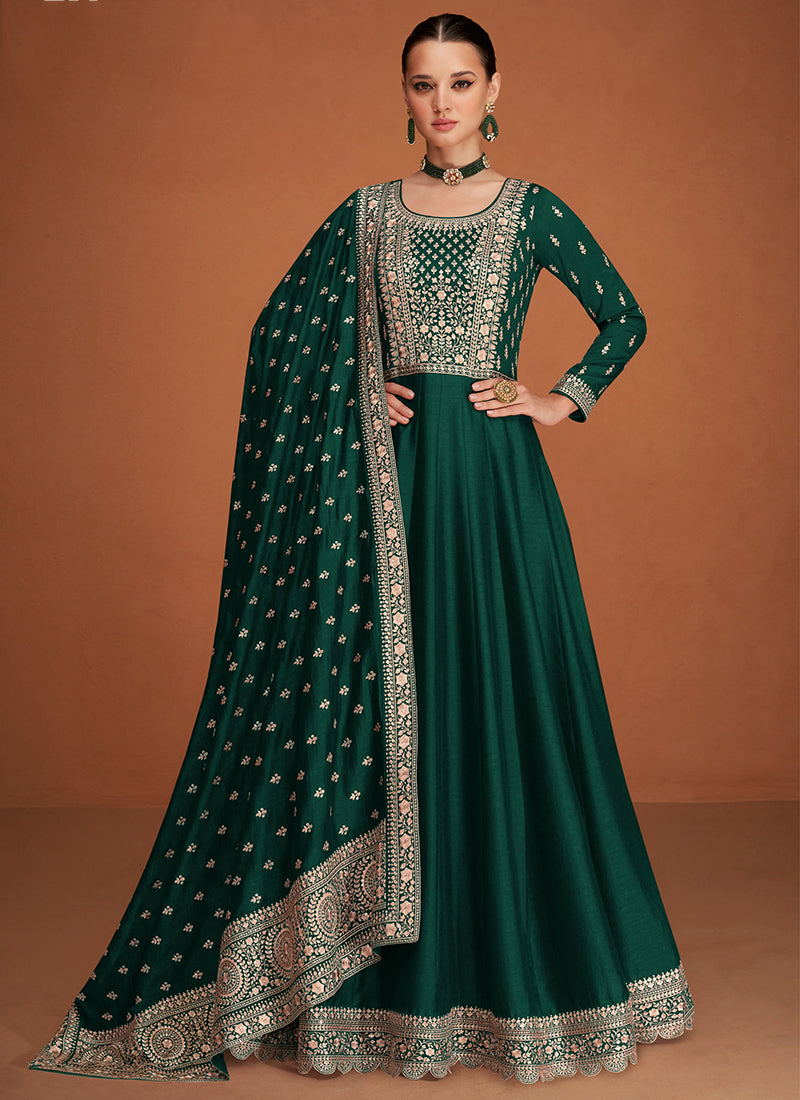 Premium Silk Dark Green Party Wear Sequin Embroidery Work Anarkali Gown 386162