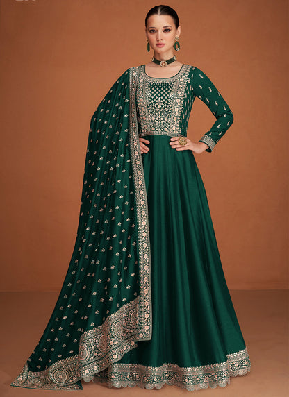 Premium Silk Dark Green Party Wear Sequin Embroidery Work Anarkali Gown 386162