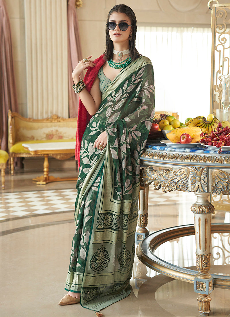 Pv Georgette Dark Green Festival Wear Weaving Work Saree 385833