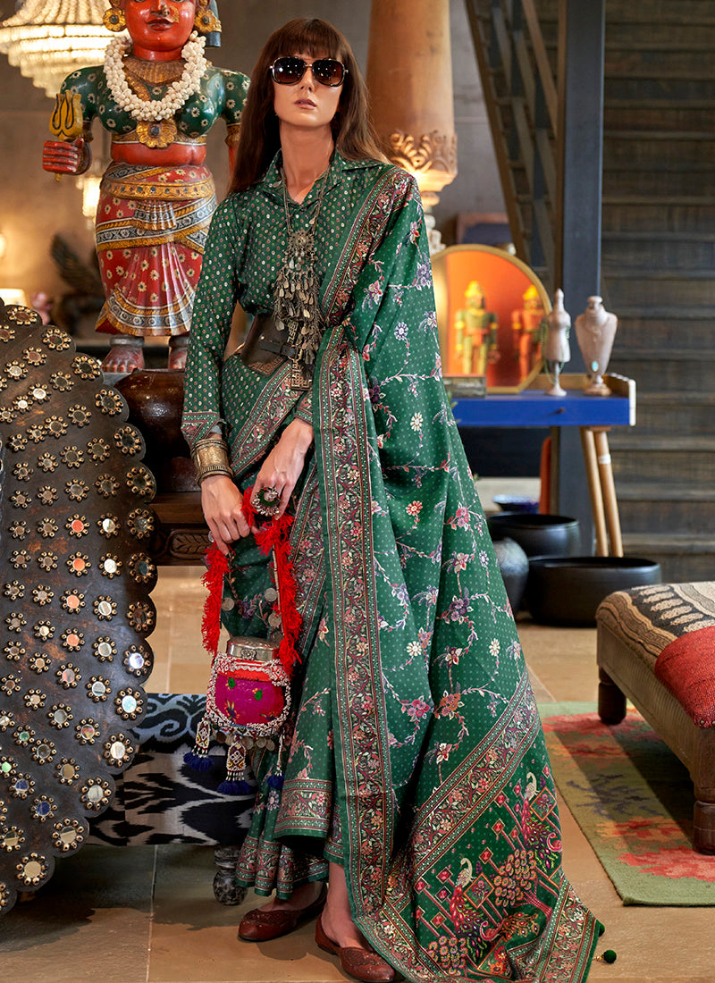 Pv Silk Dark Green Party Wear Printed Work Saree 385830