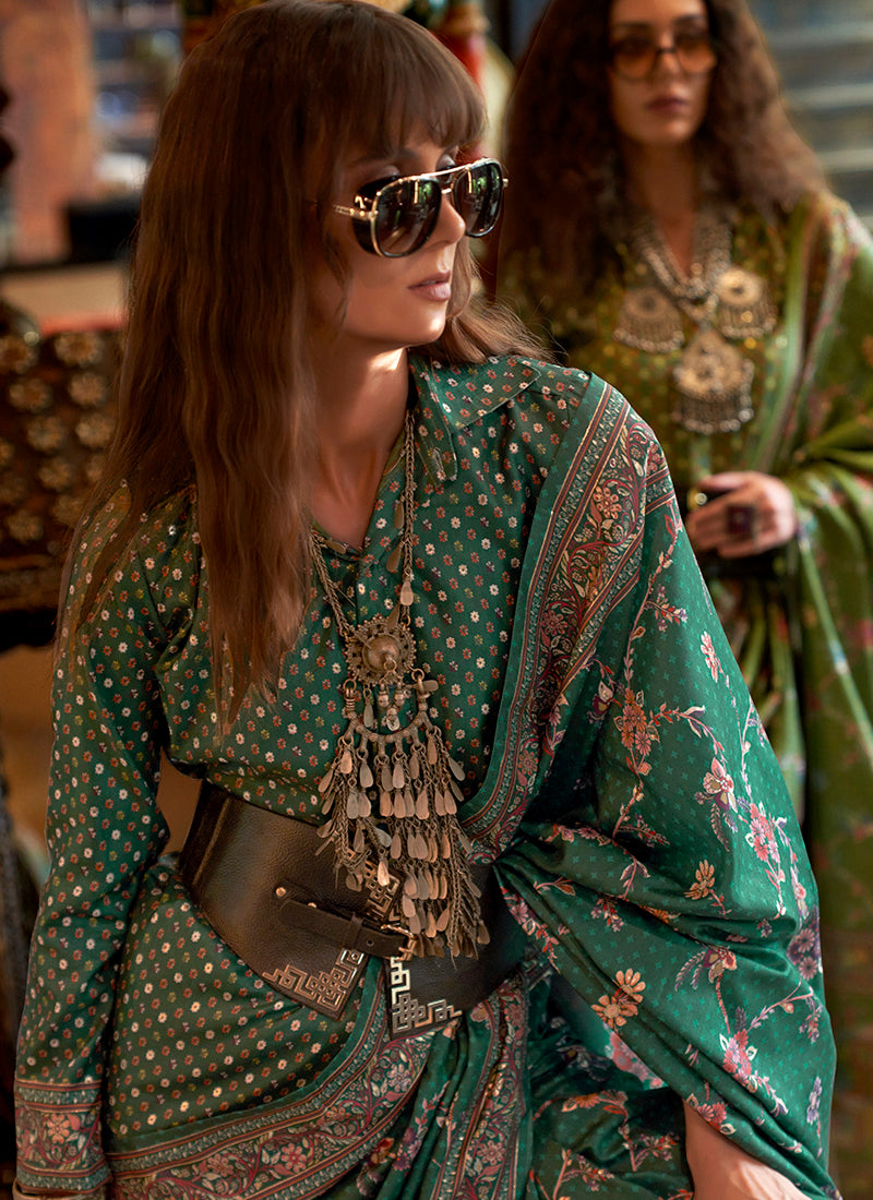 Pv Silk Dark Green Party Wear Printed Work Saree 385830