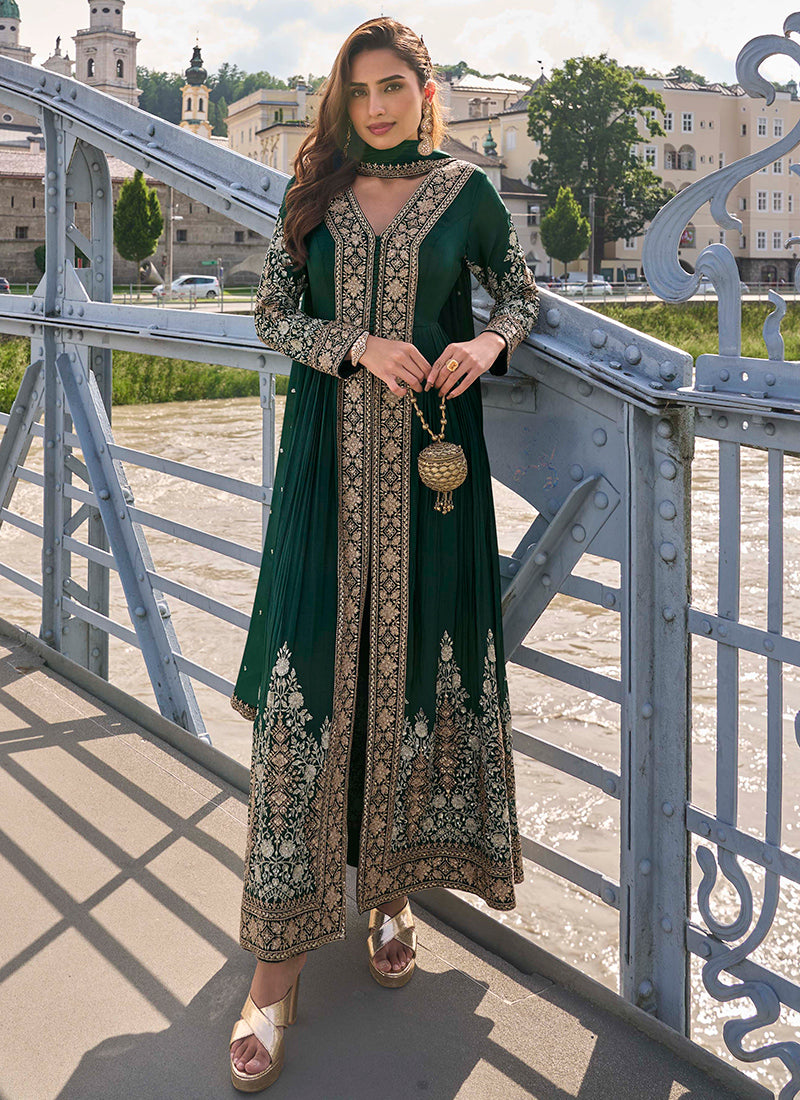 Real Chinon Dark Green Party Wear Embroidery Work Readymade Indowestern Suit 388484
