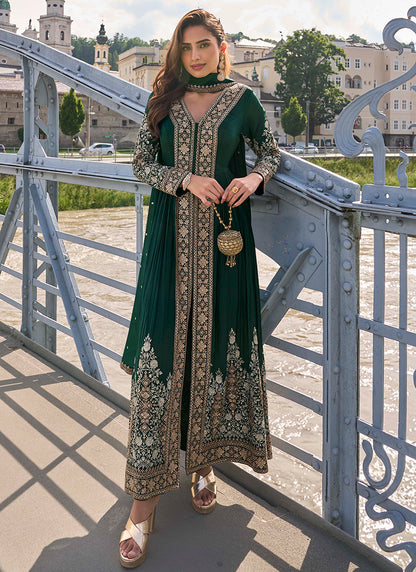 Real Chinon Dark Green Party Wear Embroidery Work Readymade Indowestern Suit 388484