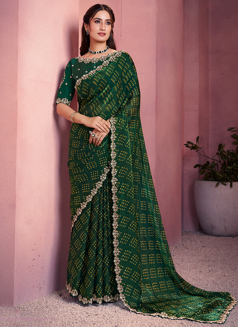 Satin Silk Dark Green Saree with Embroidery Work for Festival Wear 384494