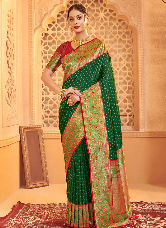 Silk Blend Dark Green Saree with Weaving Work for Festival Wear 384319