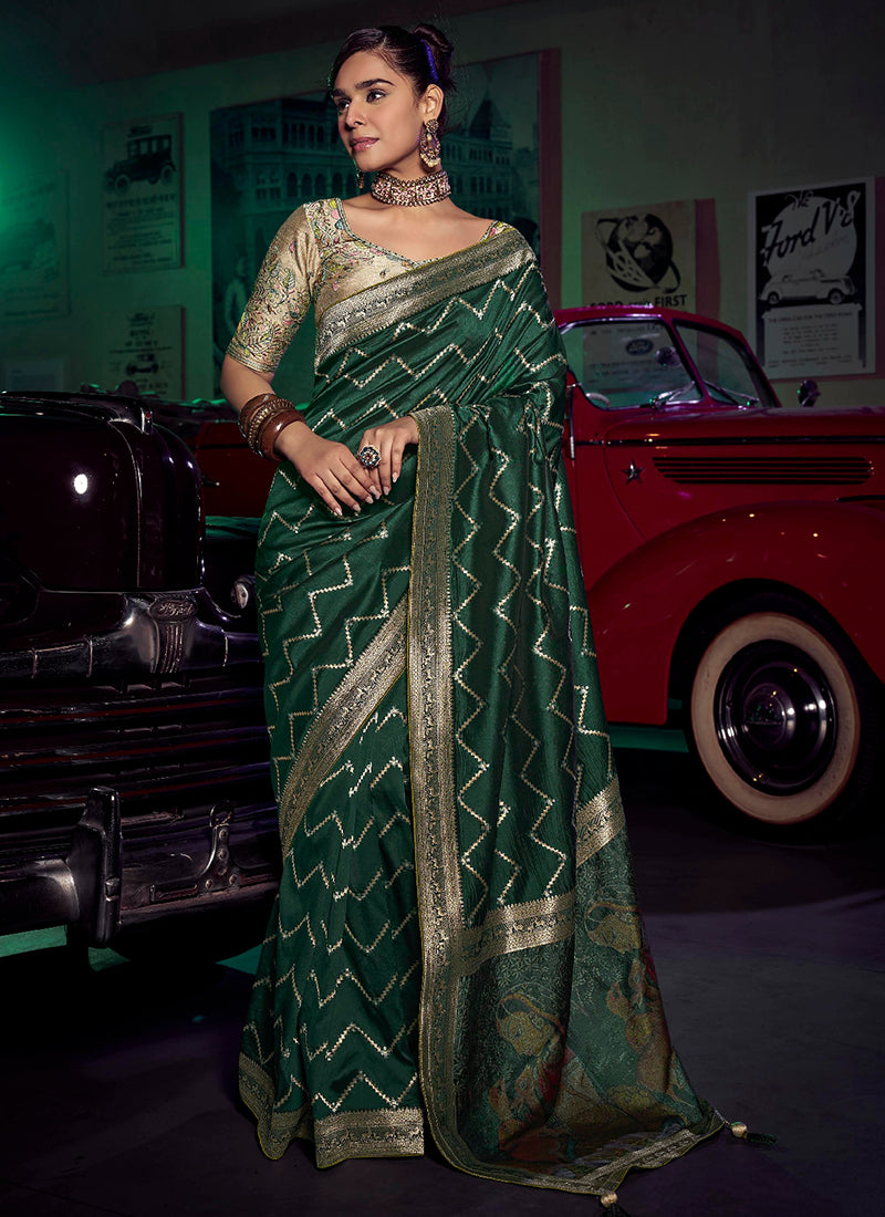 Silk Dark Green Saree with Embroidery Work for Party Wear 383032