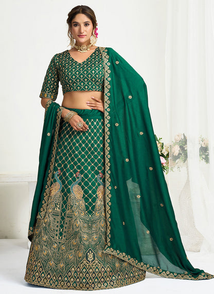 Silk Dark Green Party Wear Zari Embroidery Work Lehenga Choli 386035
