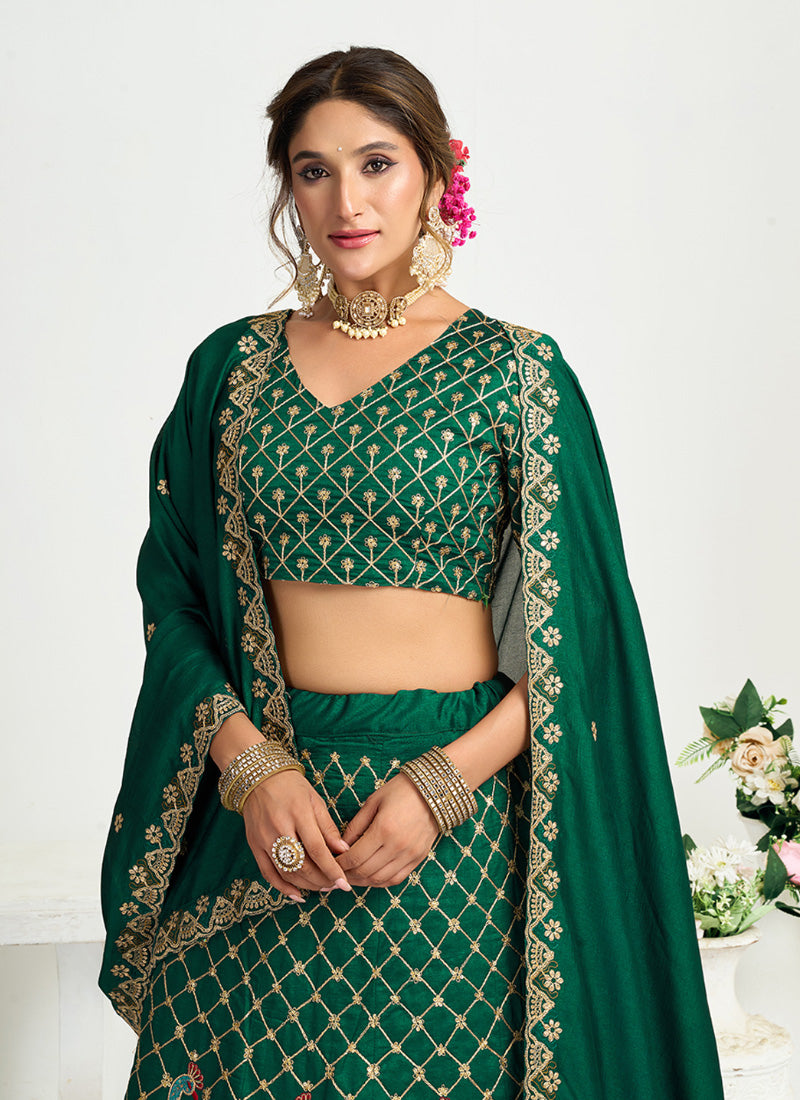 Silk Dark Green Party Wear Zari Embroidery Work Lehenga Choli 386035