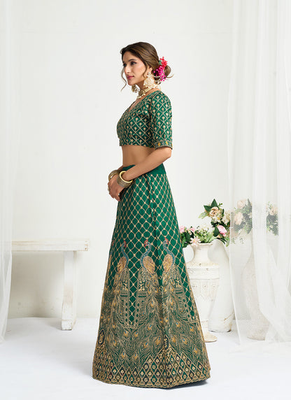 Silk Dark Green Party Wear Zari Embroidery Work Lehenga Choli 386035