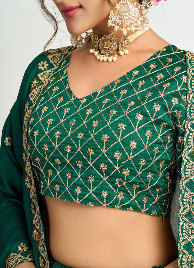 Silk Dark Green Party Wear Zari Embroidery Work Lehenga Choli 386035