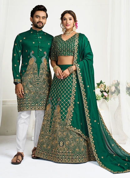 Silk Dark Green Party Wear Zari Embroidery Work Lehenga Choli 386035