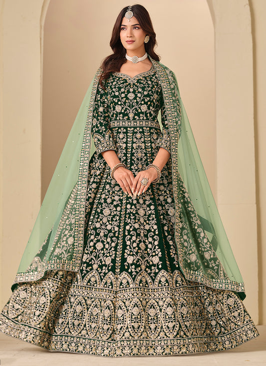 Dark Green Velvet Embroidery Work Party Wear Gown With Dupatta SW912005