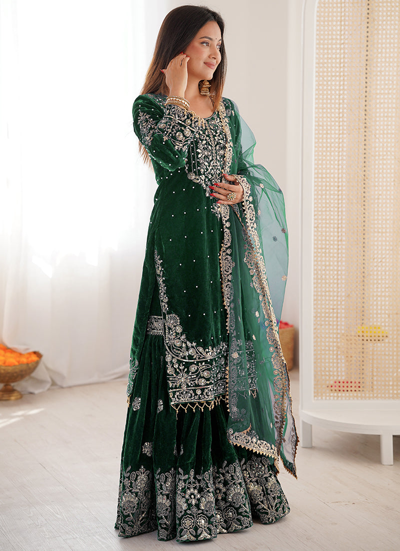 Dark Green Viscose Velvet Embroidery Work Festival Wear Readymade Sharara Suit SW198162