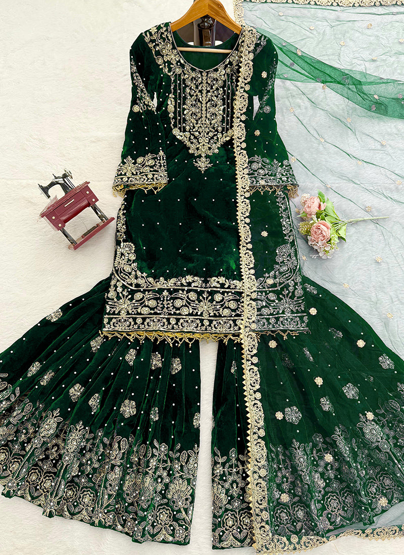 Dark Green Viscose Velvet Embroidery Work Festival Wear Readymade Sharara Suit SW198162