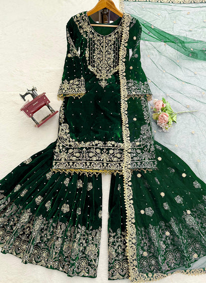 Dark Green Viscose Velvet Embroidery Work Festival Wear Readymade Sharara Suit SW198162
