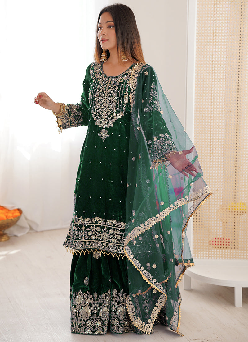 Dark Green Viscose Velvet Embroidery Work Festival Wear Readymade Sharara Suit SW198162
